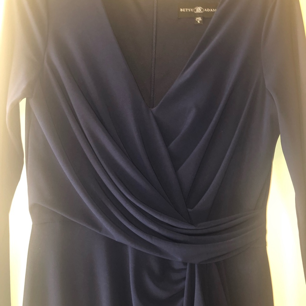 Betsy & Adam Navy Blue Floor Length Ruffled V-neck Gown Stretch Jersey Size 6 - Picture 4 of 7